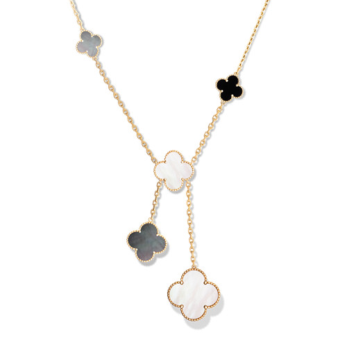 Magic replica Van Cleef & Arpels Alhambra necklace yellow gold onyx white and gray mother-of-pearl