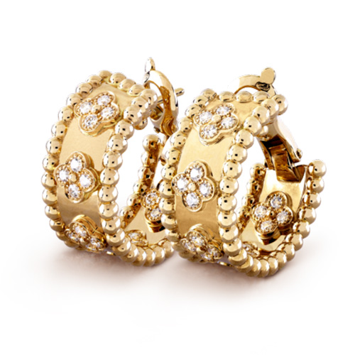 Perlée imitation van cleef yellow gold earrings Round diamonds Clover lucky pattern