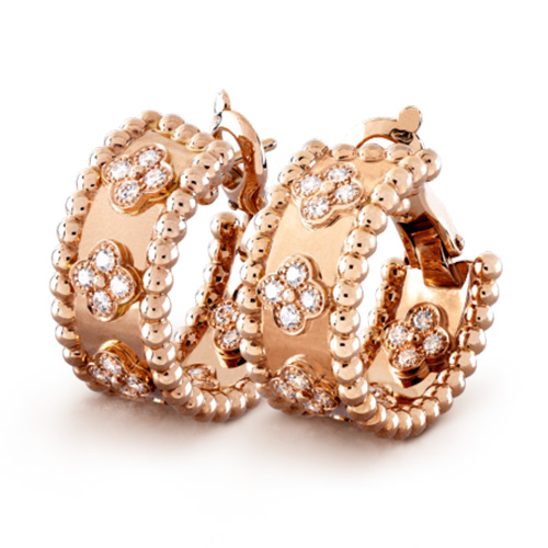 Perlée replica van cleef pink gold earrings Round diamonds Clover lucky pattern