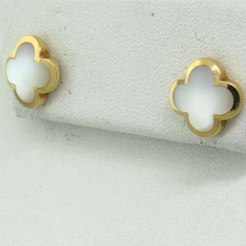 Pure imitation Van Cleef & Arpels Alhambra yellow gold earrings white mother-of-pearl