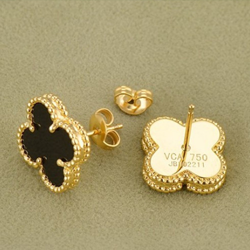 Sweet fake Van Cleef & Arpels Alhambra Clover yellow gold earrings onyx