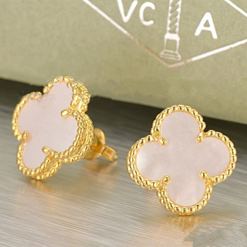 Sweet replica Van Cleef & Arpels Alhambra Clover yellow gold earrings white and gray mother-of-pearl