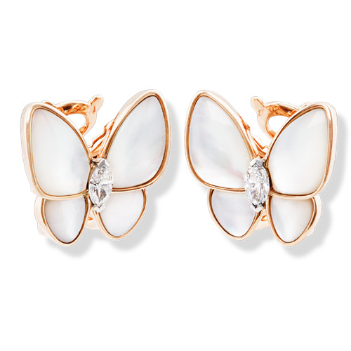 fake Van Cleef & Arpels Butterfly pink gold earrings white mother-of-pearl and marquise-cut diamonds
