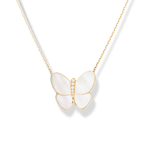 copy Van Cleef & Arpels Alhambra butterfly Butterfly pendant yellow gold white mother-of-pearl round diamond