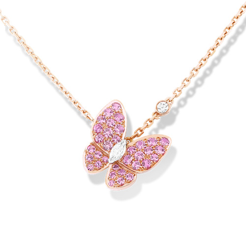Nachahmung Van Cleef & Arpels Schmetterling Anhänger rosa gold Rundem rosa Saphir und Marquise geschnittenen Diamanten