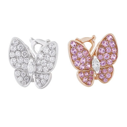 Van Papillon placage d'or boucles d'oreilles rond blanc et diamant rose et diamants marquise coupées