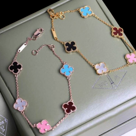 Vintage van cleef replica pink gold bracelet carnelian onyx turquoise pink mother-of-pearl