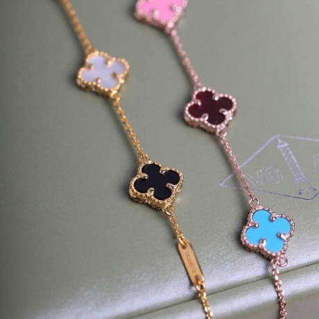 Vintage van cleef replica pink gold bracelet carnelian onyx turquoise pink mother-of-pearl