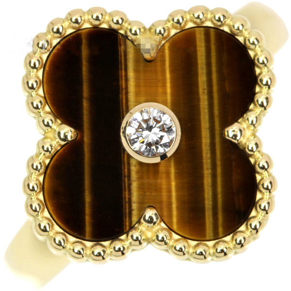 Vintage replica Van Cleef & Arpels Alhambra yellow gold Ring tiger's eye with round diamond