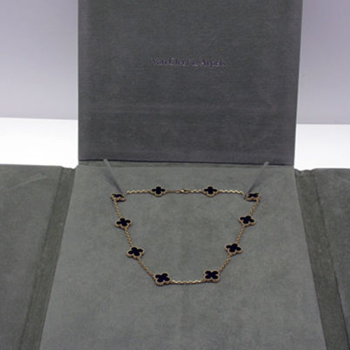 Vintage fake Van Cleef & Arpels Alhambra necklace pink gold 10 motifs onyx