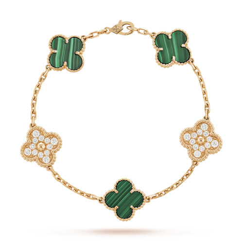 Vintage van cleef copy Alhambra pink gold bracelet malachite round diamonds