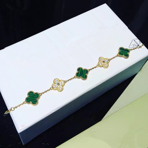 Vintage van cleef faux Alhambra or jaune bracelet diamants ronds malachite