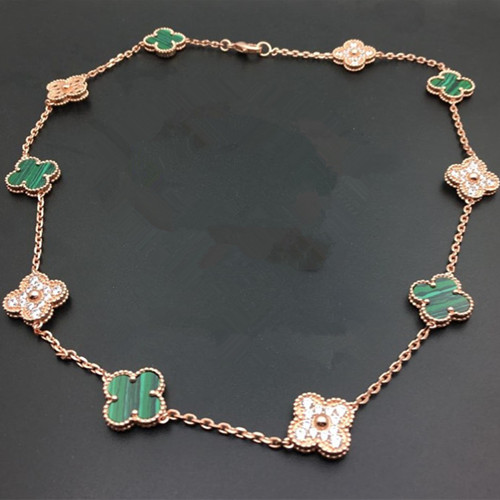 Vintage van cleef replique Alhambra or rose Collier diamants ronds malachite