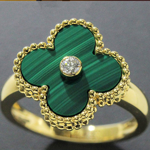 Vintage fake Van Cleef & Arpels Alhambra yellow gold Ring malachite with round diamond