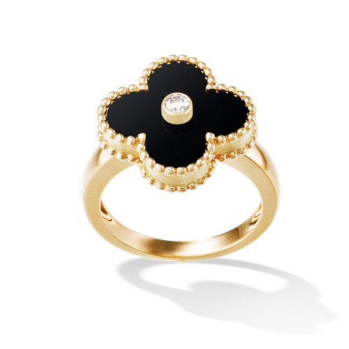 Vintage imitation Van Cleef & Arpels Alhambra yellow gold Ring onyx with round diamond