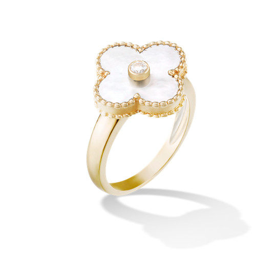 Vintage replique Van Cleef & Arpels Alhambra or jaune Bague nacre blanche de perle avec diamant rond