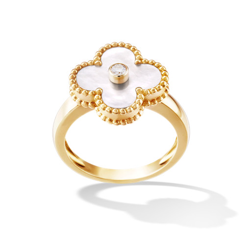 Vintage replica Van Cleef & Arpels Alhambra yellow gold Ring white mother-of-pearl with round diamond