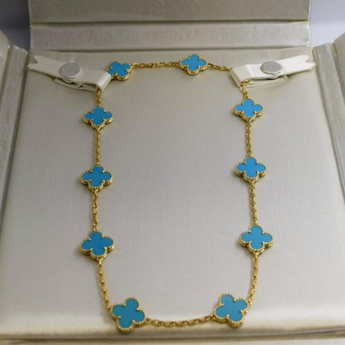 Vintage fake Van Cleef & Arpels Alhambra necklace yellow gold 10 motifs turquoise