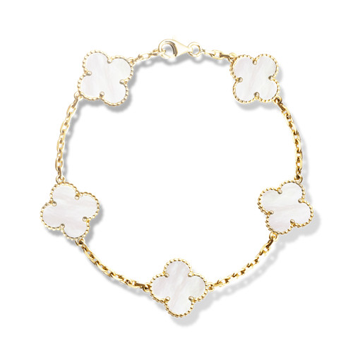 Vintage copy Van Cleef & Arpels Alhambra bracelet yellow gold 5 motifs white mother-of-pearl