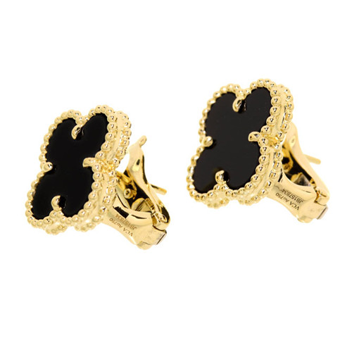 Vintage copy Van Cleef & Arpels Alhambra yellow gold earrings onyx