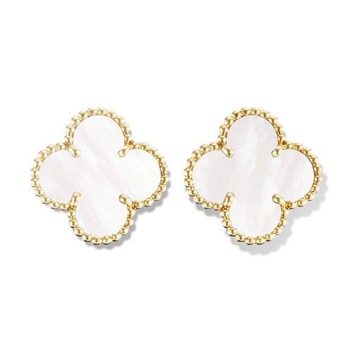 Vintage replique Van Cleef & Arpels Alhambra or jaune boucles d'oreilles nacre blanche de perle