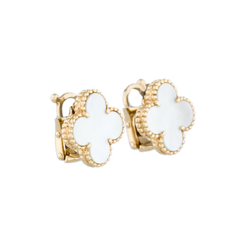 Vintage replica Van Cleef & Arpels Alhambra yellow gold earrings white mother-of-pearl