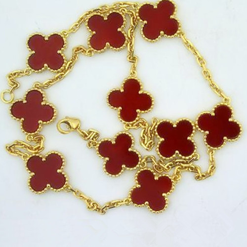 Vintage imitation Van Cleef & Arpels Alhambra necklace yellow gold 10 motifs carnelian