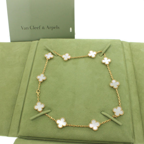 Vintage Replik Van Cleef & Arpels Alhambra Halskette gelbes Gold 10 Motive Weiß Perlmutt