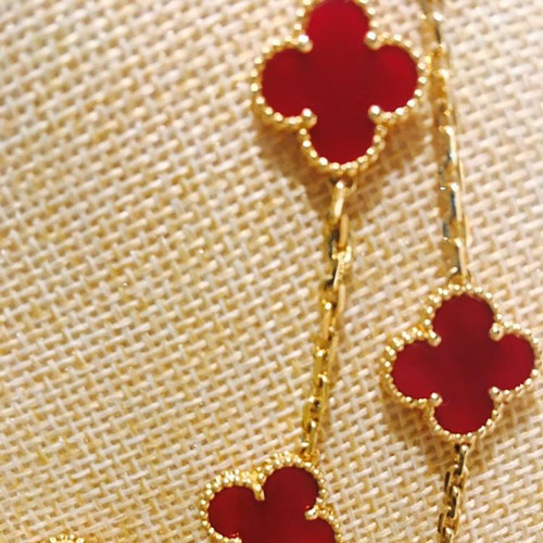 Vintage imitation Van Cleef & Arpels Alhambra long necklace yellow gold 20 motifs carnelian