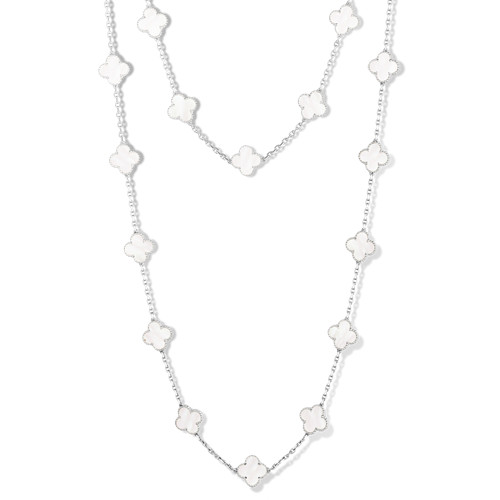 Vintage replica Van Cleef & Arpels Alhambra long necklace white gold 20 motifs white mother-of-pearl