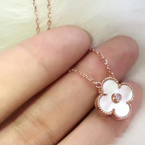 Vintage van cleef replica Alhambra pink gold pendant white mother-of-pearl round diamond