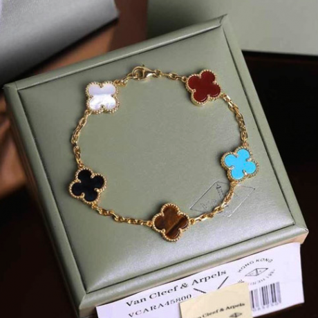 Vintage van cleef replica yellow gold bracelet carnelian onyx turquoise white mother-of-pearl