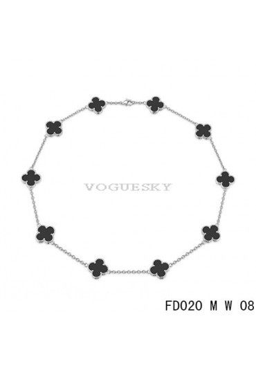 Van Cleef Arpels Vintage Alhambra Necklace White Gold 10 Motifs Black Onyx