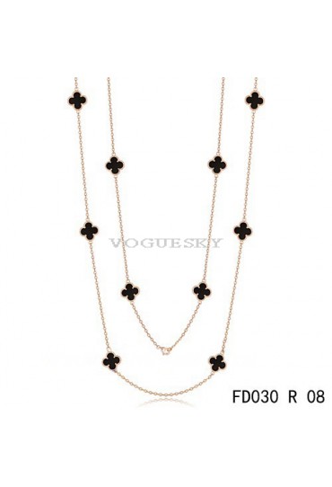 Van Cleef & Arpels Vintage Alhambra 10 Motifs Black Onyx Long Necklace Pink Gold