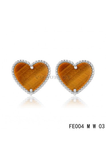 Van Cleef and Arpels Sweet Alhambra Heart Earstuds White Gold Tiger's Eye
