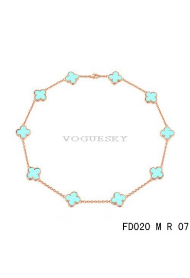 Van Cleef Arpels Vintage Alhambra Necklace Pink Gold 10 Motifs Turquoise