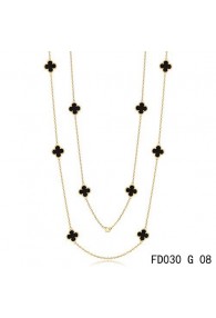 Van Cleef & Arpels Vintage Alhambra 10 Motifs Black Onyx Long Necklace Yellow Gold