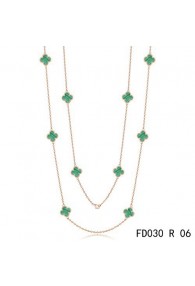 Van Cleef & Arpels Vintage Alhambra 10 Motifs Malachite Long Necklace Pink Gold