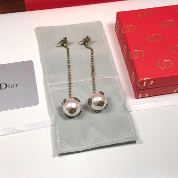 2019 Limited Edittion Christian Dior White Pearl Ball Pendant Yellow Gold Bee Diamonds Drop Earrings For Ladies 
