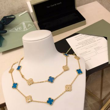 Timeless Style VCA Vintage Alhambra Blue Sevres & Diamonds Clover Pendant Women Yellow Gold Vend�me Edition Long Necklace VCARO5L800