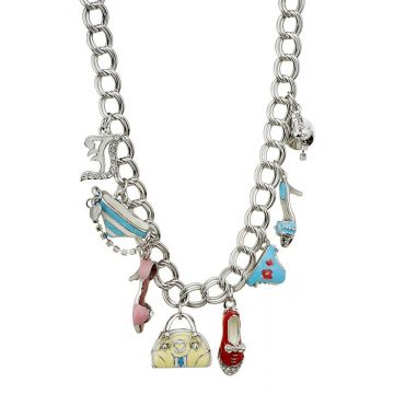 Fashion Juicy Couture Silver Chain Necklace Pink Red Blue Enamel Crystals Charms Birthday Gift Girls
