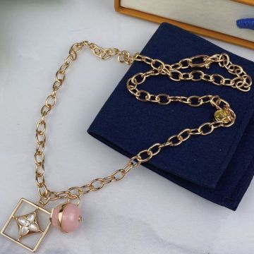 Replica Women's High End Louis Vuitton Color Blossom Pink Opal Stone White MOP Cutwork Square Pendant Yellow Gold Necklace 