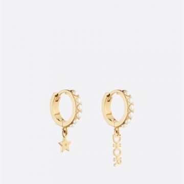 Replica Summer Fashion Christian Dior LOGO And Star Pendants Classic Yellow Gold Plated Women White Pearl Hoop Earrings