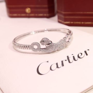 Cartier Panth�re de Cartier Paved Diamonds Emeralds Eyes High End 925 Sterling Silver Bangle For Ladies