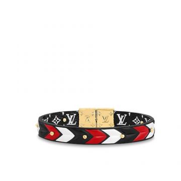 Unique Style Louis Vuitton Circle Reversible Two-tone Splited Monogram Leather Bead Trimming Yellow Gold Buckle Bracelet For Lovers