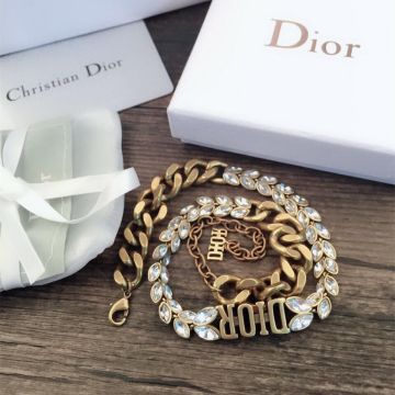 Spring Hot Selling Dior DIOR Logo Charm Thick Chain Marquise Diamond Females Antique Brass White Crystal Faux Necklace 