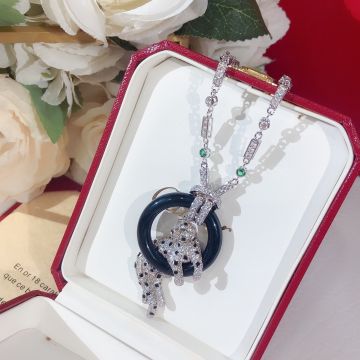 Cartier Panth�re de Cartier Black Onyx Circle Pendant Diamonds Link Womens Silver Necklace 