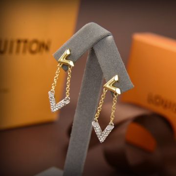 Replica Fashion Louis Vuitton LV Volt Silver V-shaped Paved Diamonds Pendant 18K Yellow Gold Inverted V Charm Two-tone Chain Drop Earrings For Ladies Q96973
