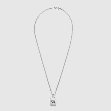 High End Gucci Ghost Classic Silver Ghost Motif  Pattern Rectangular Tag Pendant Chain Necklace 455315 J8400 0701 Bead Link/Oblate Link