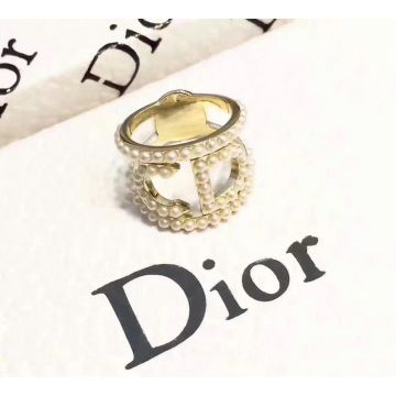 Top Sale Dior Womens Yellow Gold CD Motif White Pearls Fashion Ring For Party Replica